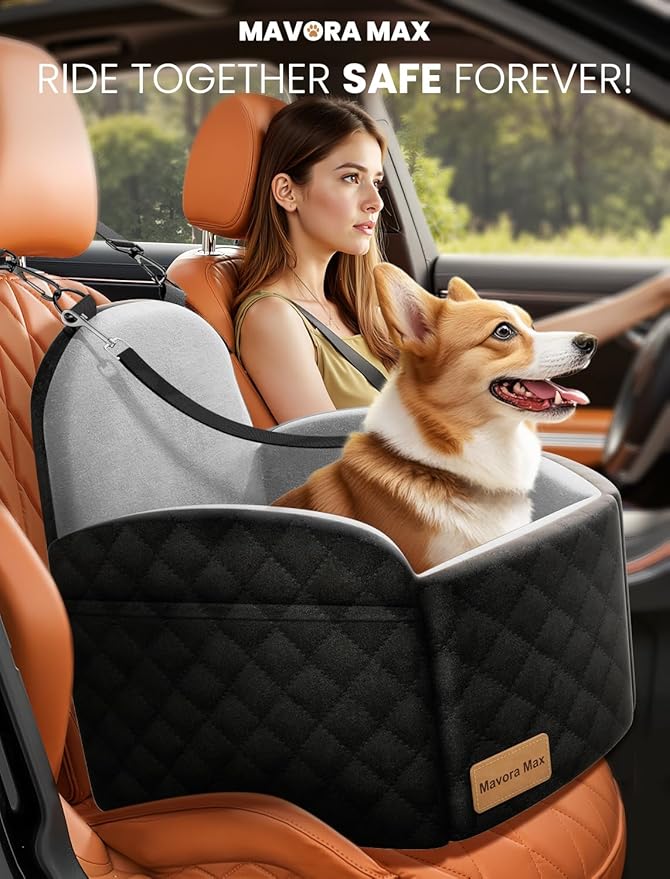 Dog Car Seat for Small/Medium Dogs, Memory Foam Puppy Car Seat Elevated Dog Booster Seat Up to 35 lbs, Fully Detachable Washable, Travel Safety Pet Car Seat with Storage Pockets (Black/Grey)