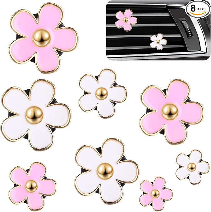 8PCS Daisy Flower Air Freshener Vent Clips - Cute Car Accessories for Women & Girls - Pink & White