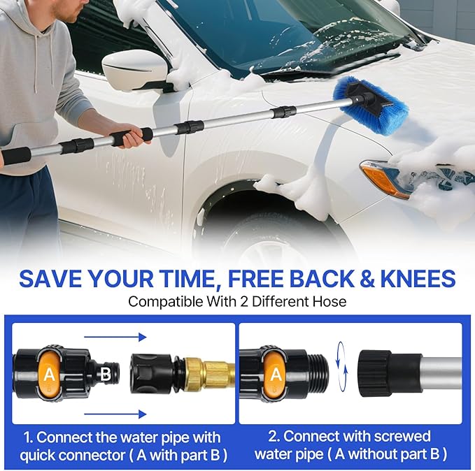 64'' Car Wash Brush with Long Handle, RV Flow-Through Wash Brush with Adjustable Handle, Anti-Scratch Plus Size Soft Car Wash Brush Mop with Hose Attachment Car Wash Kit for SUV RV Truck Boat