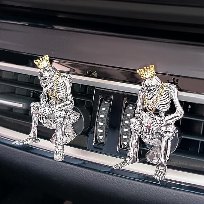 2pcs skull air freshener car Car Diffuser Vent Clip With Aromatherapy Tablets Fragrance Skeleton Aroma Accessories Interior Decorations For Men Women Teens Funny Christmas Halloween Gifts (Silver)