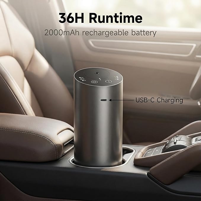Waterless Car Diffuser, Battery Operated Essential Oil Diffuser with Timer, No Leakage Technology, Super Quiet Cordless Aromatherapy for Car