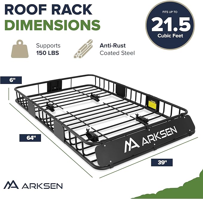 ARKSEN 64" x 39" x 6" Roof Rack Cargo Basket with Extension, Cargo Net & Ratchet Straps, 150 lb Heavy-Duty Steel Rooftop Carrier, Fits Crossbars up to 1.38" Thick, for SUV & Pickup Truck