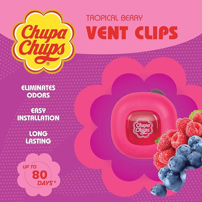 Chupa Chups Car Air Freshener, Tropical Berry - Long Lasting Car Fresheners with Fun Scents, Colorful and Vibrant Air Freshener for Car, Unique Car Freshner Perfume Deodorizer Refresher Fragrance