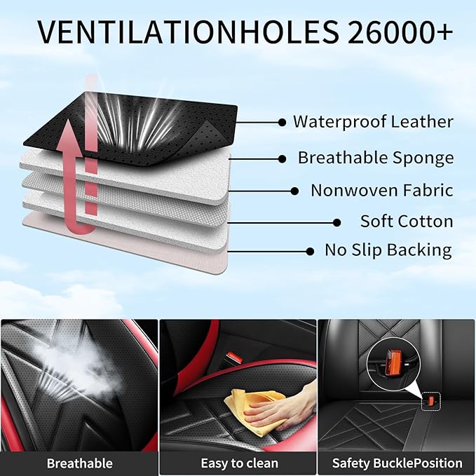 Car Seat Covers Compatible with Mazda 6 2007-2021, Full Coverage Premium Leather Waterproof Breathable Seat Covers, Automotive Seat Protectors, Airbag Compatible(2 Front Seats, Black & Red)