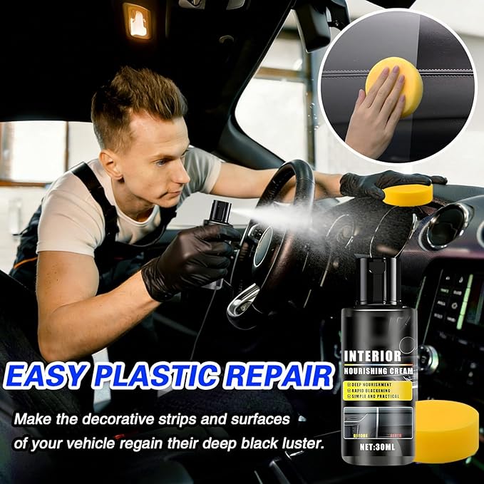 Plastic Trim Restorer, 7pcs Cars Interior Trim Scratch Remover Kit with Brush, Sponge, Microfiber Towel, Nourishing Cream Restorer Shines Darkens Faded Plastic & Rubber, 30mlx2