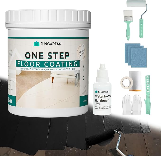 All-In-One Interior Floor Coating Kit, Water-based & Low Odor One-Step Floor Paint, High Hardness Waterproof Paint for Ceramic, Porcelain, Fiberglass, Hardwood, Laminate, Vinyl, 35OZ, Black