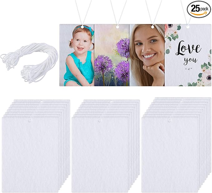 Maitys 25 Pieces Sublimation Air Freshener Blanks Sheets Car Scented Hanging Fragrant Fresheners Felt Sheets Blanks DIY with Elastic Rope for Car Interior Decor, Bathroom, Home Hanging Ornaments