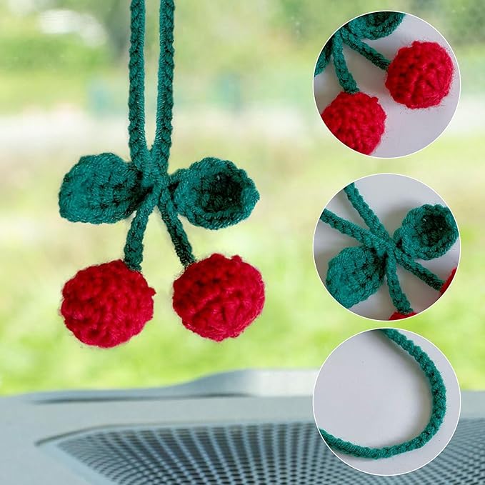 Rhinestone Cherry Air Vent Freshener Clips & Crochet Rear View Mirror Hanging Ornament,Car Decor Set, for Women Girls, for Cars, SUV, Trucks