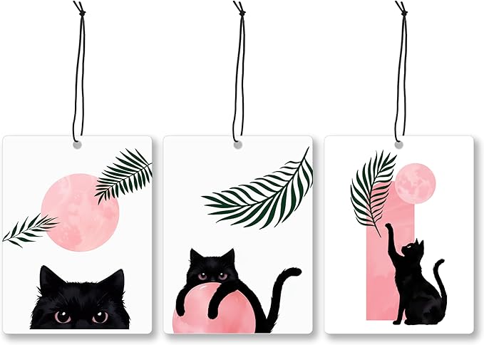Mancheng-zi Cute Boho Black Cat Car Air Freshener 3Pcs, Pink Boho Botanical Sun Cat Air Freshener Hanging for Cars Closet Drawer or Books, Cute Pink Car Accessories Mirror Decor for Women
