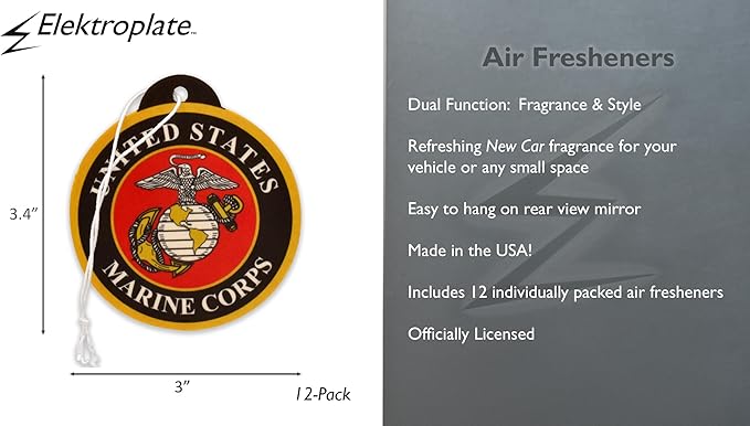 Elektroplate Officially Licensed United States Marine Corps Automotive Air Fresheners for Vehicles | New Car Scent (12-Pack) | Made in the USA