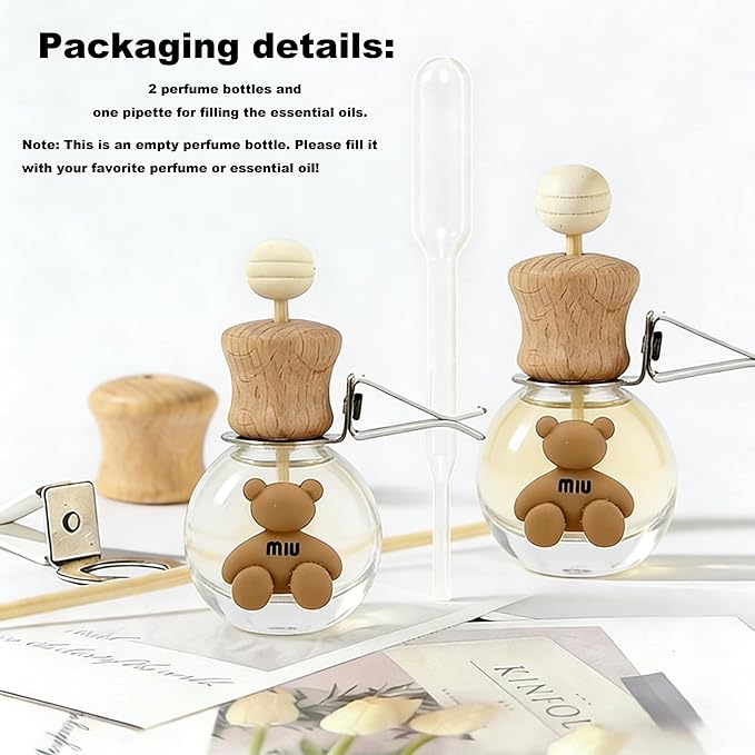 2 Pack Car Air Freshener Diffuser, Refillable Empty Glass Bottles with Vent Clip & Wooden Caps, Drift Car Air Freshener for Essential Oils, Long Lasting Air Fresheners for Car-A5