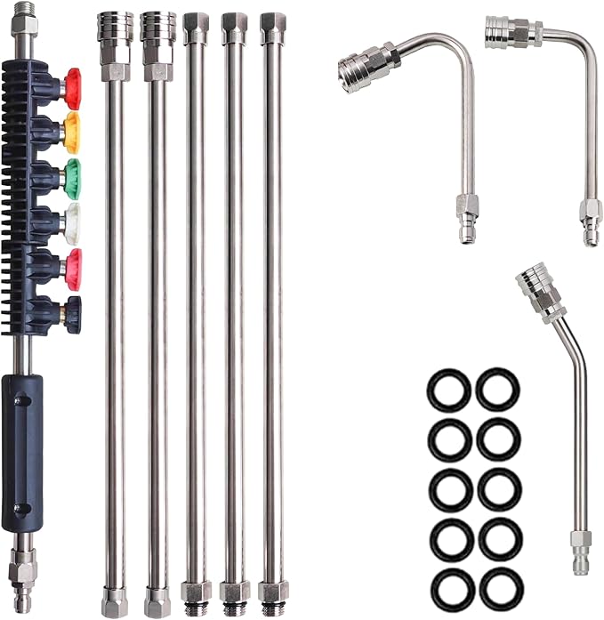 Hourleey 9 Pack Pressure Washer Extension Wand Upgrade Power Washer Lance with 6 Nozzle Tips, 30°,90°,120° Curved Rod, 1/4" Quick Connect, 4000 PSI