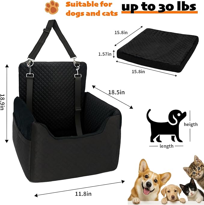 Dog Car Seat for Small/Medium Dogs Under 35lbs, Soft Booster Car Seat with Detachable Washable Cover and Cushion, Memory Foam Pet Car Seat with Safety Belt and Storage Pockets, Puppy Dog Car Bed
