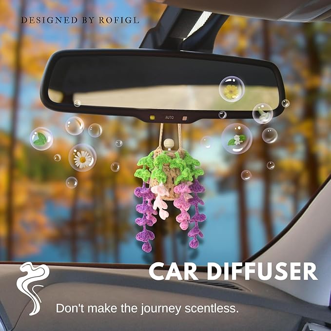 Handmade Crochet Hanging Car Air Freshener - Botanical Wisteria Blossom Design with 12ml Refillable Glass Essential Oil Bottle, Long-Lasting Car Diffuser & Nature-Inspired Decor