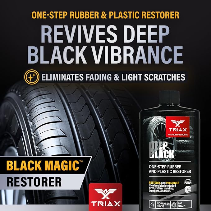 Triax Deep Black Tire, Trim, and Bumper Restore and Conditioner | One-Step Rubber Protectant with UV Shield | Polymer Based | No Water Rinse (12 Ounce)