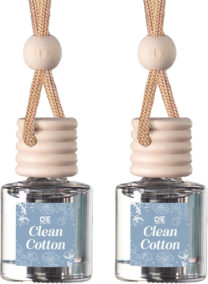 C&E Craft Co Hanging Car Air Freshener Diffuser 2 Pack, Long Lasting Fragrance Oil Car Freshener, Glass Bottle Auto Air Freshener, Made in USA (Clean Cotton)