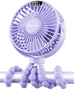 SWEETFULL Portable Stroller Fan with LED Display, 4 Speed Rechargeable Mini Clip On Fan, 360° Rotate Flexible Tripod Better Cooling Small Baby Fan for Car Seat Crib Travel Bike Treadmill (Purple)