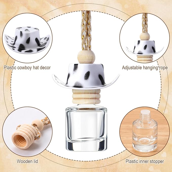 3 Pieces Cowboy Hat Car Air Freshener Hanging Cow Print Diffuser Bottles Western Country Refillable Empty Glass Perfume Bottle Car Interior Rear View Mirror Accessories(Brown, Spots, Black)