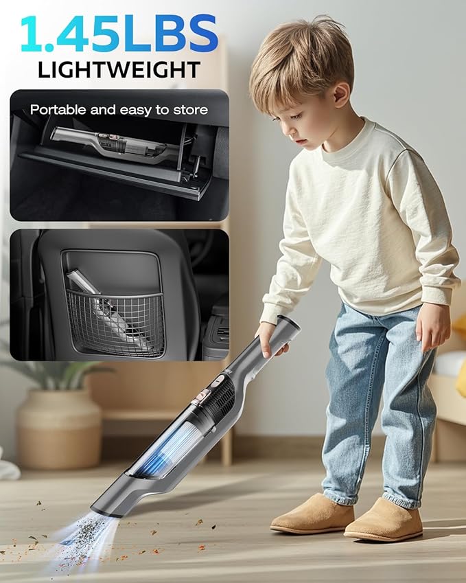 Zefiro Compact Powerful Cordless Handheld Vacuum, Rechargeable Portable Car Vacuum for Car & Pet Hair, 25000PA High Power Suction, XL Dust Cup, 2 Brushes & Filters, Long Runtime with Charger