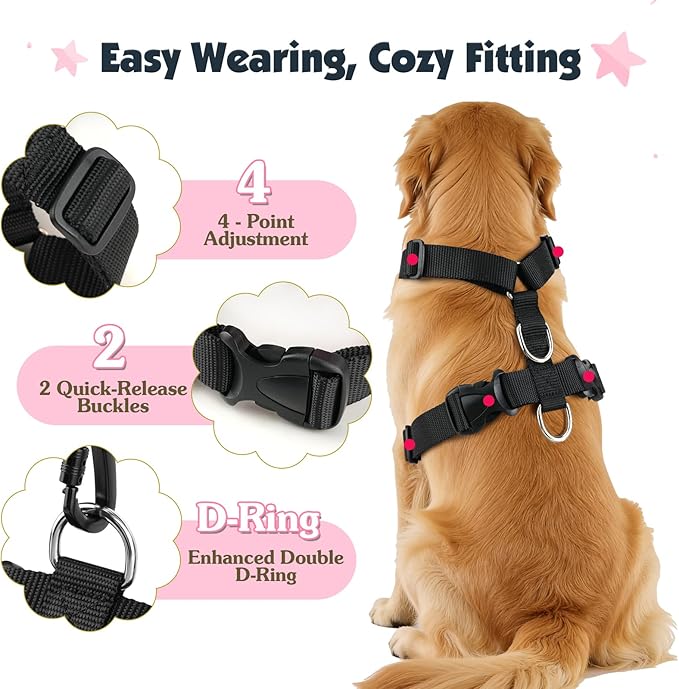 Pawaboo Dog Seat Belt Harness for Car, Dog Car Harness Seatbelt with Double Clips, Adjustable Breathable Pet Vest & Dogs Safety Tether with Elastic Bungee for Small Medium Large Pet, XXL, Pink + Black