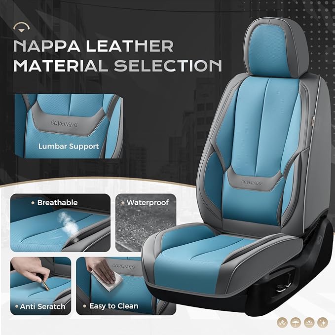 Coverado Seat Covers, Car Seat Covers Full Set, Leather Seat Covers for Cars, Car Seat Protector, Gray Car Seat Covers Front Seats and Back Seats Universal Fit for Most Cars Blue