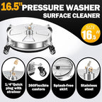 16" Pressure Washer Surface Cleaner with 4 Wheels - Stainless Steel Surface Cleaner for Pressure Washer Attachment for Concrete, Patio, Sidewalk, Deck, Driveways and Daily Washing - PWS 16