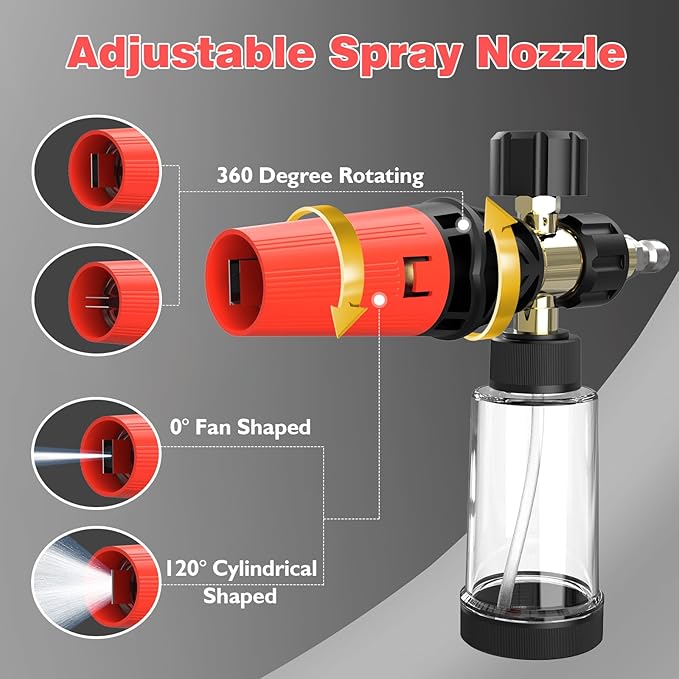 Foam Cannon Pro, Foam Cannon for Pressure Washer with 1/4" Quick Connector, Mini Soap Cannon with Adjustable Nozzle for car wash, Additional 1.1mm Orifice Nozzle (Black - Red)