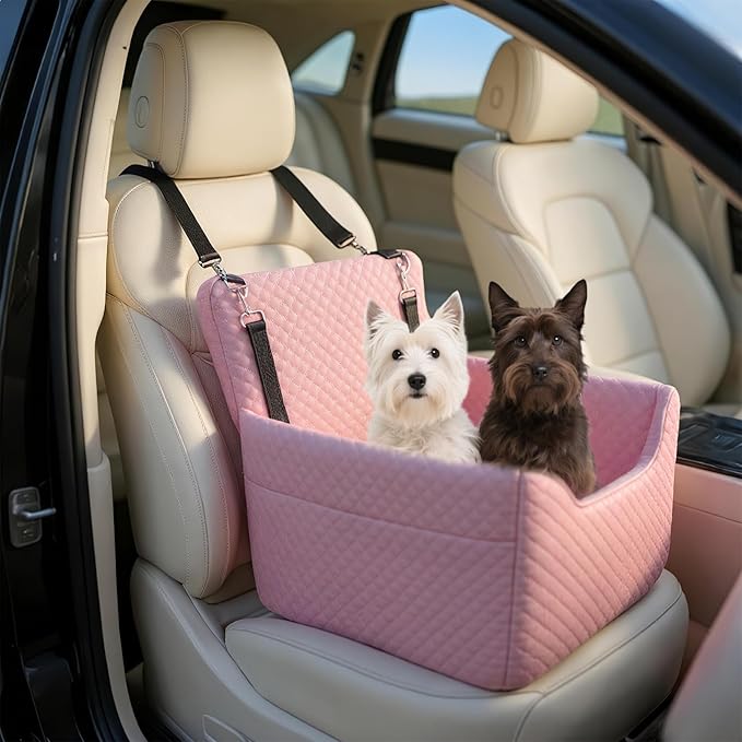 Dog Car Seat for Small/Medium Dogs Under 35lbs, Soft Booster Car Seat with Detachable Washable Cover and Cushion, Memory Foam Pet Car Seat with Safety Belt and Storage Pockets, Puppy Dog Car Bed