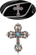 Cross Car Decor,Vintage Cross Air Vent Clips Car Freshener,Bling Rhinestone Turquoise Accent Auto Interior Dashboard Decorations Accessories,Refillable Diffuser