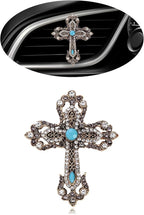 Cross Car Decor,Vintage Cross Air Vent Clips Car Freshener,Bling Rhinestone Turquoise Accent Auto Interior Dashboard Decorations Accessories,Refillable Diffuser
