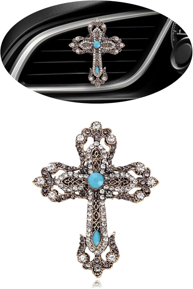 Cross Car Decor,Vintage Cross Air Vent Clips Car Freshener,Bling Rhinestone Turquoise Accent Auto Interior Dashboard Decorations Accessories,Refillable Diffuser