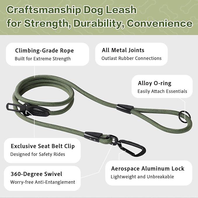 PawsPassion Rope Dog Leash 6 FT, 2-in-1 Heavy Duty Dog Leash with Seat Belt Buckle, Tangle Free 360ｰ Swivel Aviation Aluminum Carabiner, All Metal Hardware, Alloy O-Ring (Evergreen)
