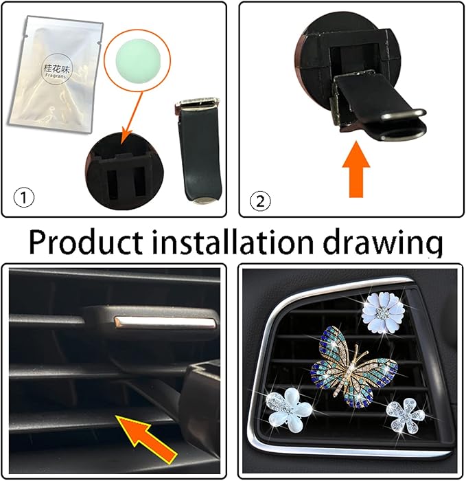 Bling Flower Air Vent Clips, 4 Pcs Blue Butterfly Car Air Fresheners Vent Clips Car Diffuser Diamond Car Decoration Car Interior Decor Daisy Cute Car Accessories for Women Girls