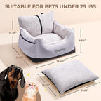 BurgeonNest Dog Car Seat for Small Dogs, Detachable and Washable Cat Carseats Under 25 lbs, Soft Pet Booster Seats with Storage Pockets and Clip-On Leash Portable Car Travel Carrier Bed, Black Grey