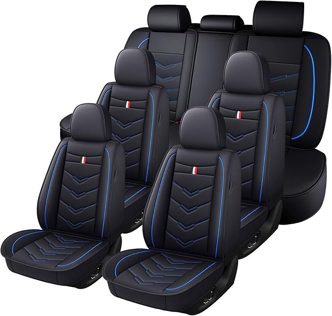 Car Seat Cover 7 Seats for Toyota Highlander 2001-2025, Waterproof Durable Premium Leather Car Seat Protector, Comfortable Anti-Slip Stylish Sport Seat Cover(7 Seats Standard,Black Blue)