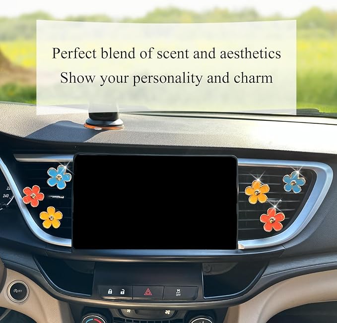 6pcs Car Air Freshener Vent Clips, Daisy Flower Air Diffuser - Blue, Orange, Yellow - Refillable 3.3cm/3cm Car Accessories for Women