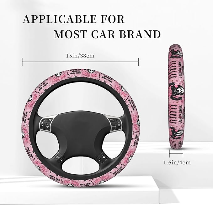 Halloween Ghost Steering Wheel Cover Horror Movie Car Accessories for Men Women with 2 Car Air Freshener, 15 Inch Anti-Slip Car Steering Wheel Covers Universal Fit