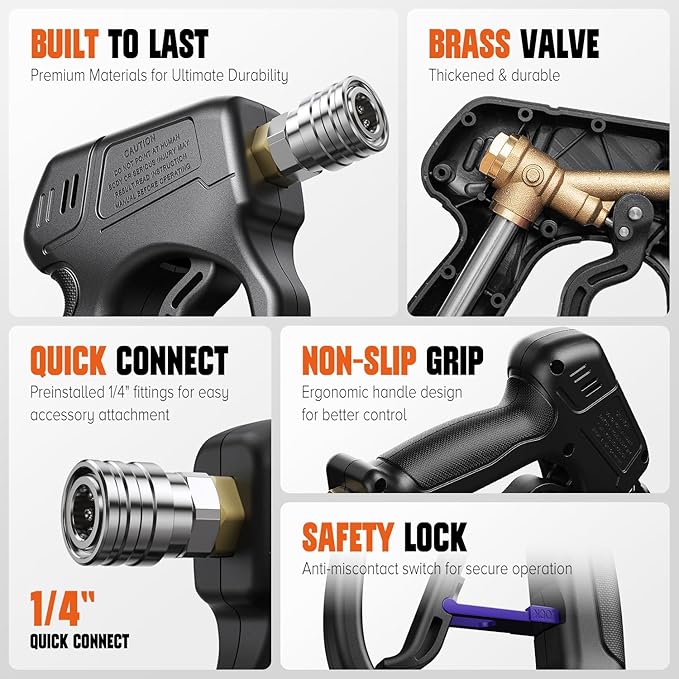 Short Pressure Washer Gun with Swivel 3/8" & M22-14mm Connect High Pressure Washer Handle with 5 Spray Nozzle, 1/4" Quick Connector Coupler Power Washer Gun Compatible with Foam Cannon