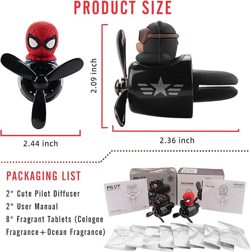 2pcs Car Air Fresheners Cartoon Cute Bear Pilot Automotive Air Outlet Propeller Car Diffuser Creative Car Perfume Decoration for Car Vent Clips with 8 Fragrant Tablets for Women Men (Bear + Hero)