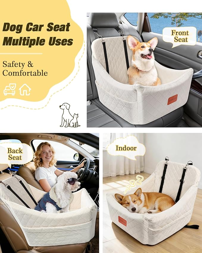 Dog Car Seat for Medium Sized Dog,Pet Travel Car Bed with Seat Belt Channle,Fully Detachable and Washable Car Dog Seat with Adjustable Straps,3 Straps Easy to Install (Beige)
