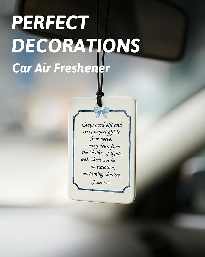 Preppy Blue Christian Air Freshener 4 Pcs, Coquette Blue Bow Religious Bible Verse Hanging Air Freshener for Cars Closet Drawer Books, Girly Christian Car Accessories Mirror Decor for Women
