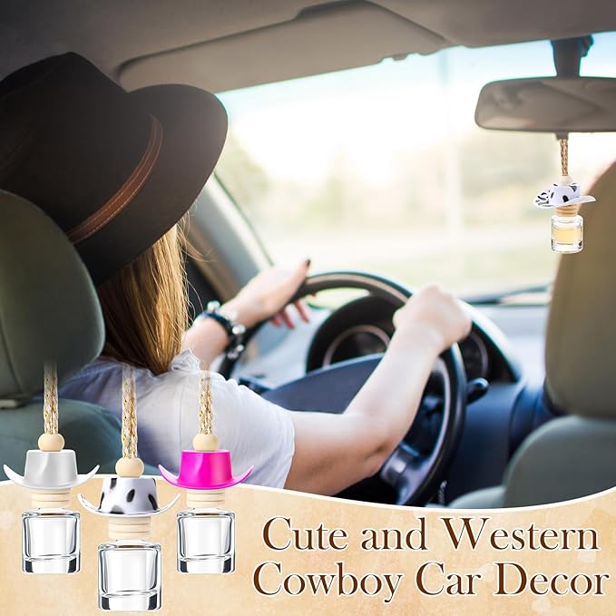 3 Pieces Cowboy Hat Car Air Freshener Hanging Cow Print Diffuser Bottles Western Country Refillable Empty Glass Perfume Bottle Car Interior Rear View Mirror Accessories (White, Spots, Pink)