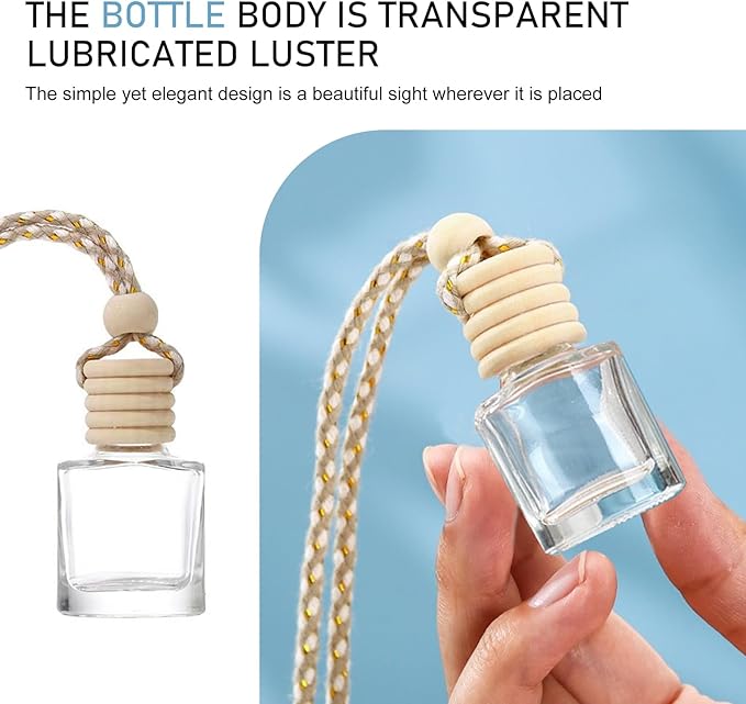 5PCS Car Air Freshener, Hanging Air Freshener Diffuser, Empty Glass Perfume Bottle, Diffuser Oil Aromatherapy Fragrance Perfume Vials with Wooden Caps and Hanging String