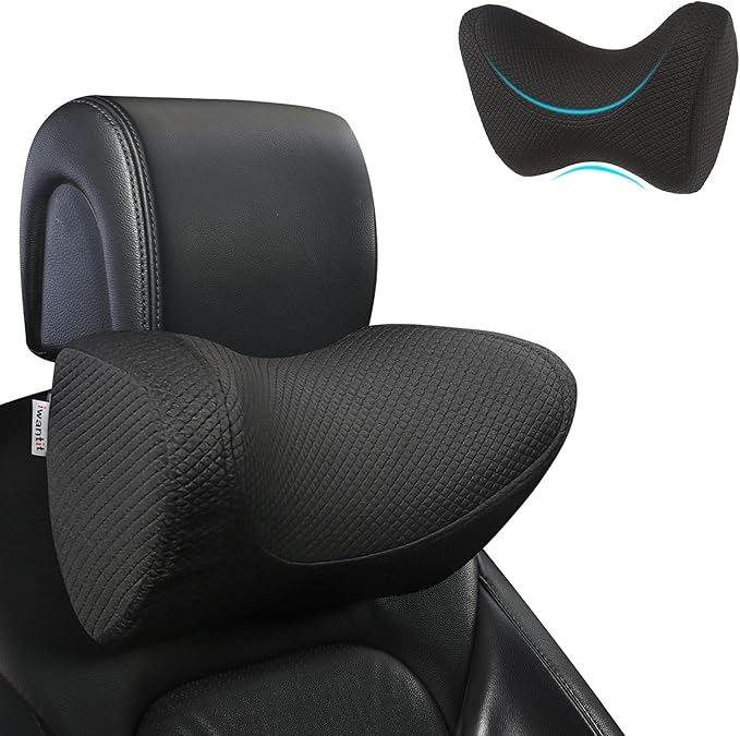 iwantit® Car Neck Pillows with Memory Foam, Neck Supporting for Long Time Driving, Adjustable Straps and Comfy Outer Cover(Black,1Package, Large Size)
