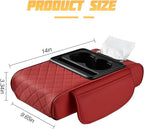 Car Center Console Armrest Pillow, Memory Foam Leather 4 in 1 Vehicle Arm Rest Cover with Tissue Box 2 Side Storage Bag Cup & Phone Holder, Auto Armrest Cushion, Universal Fit (Wine Red)