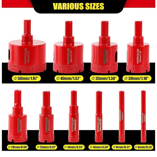 WORKEASE Diamond Hole Saw Kit, 11 Pcs Brazed Hollow Tile Set (0.24”-2”) with Double Suction Cups Guide Jig, Drill Bit Suitable for Glass, Ceramic, Tile, Marble, Porcelain Red