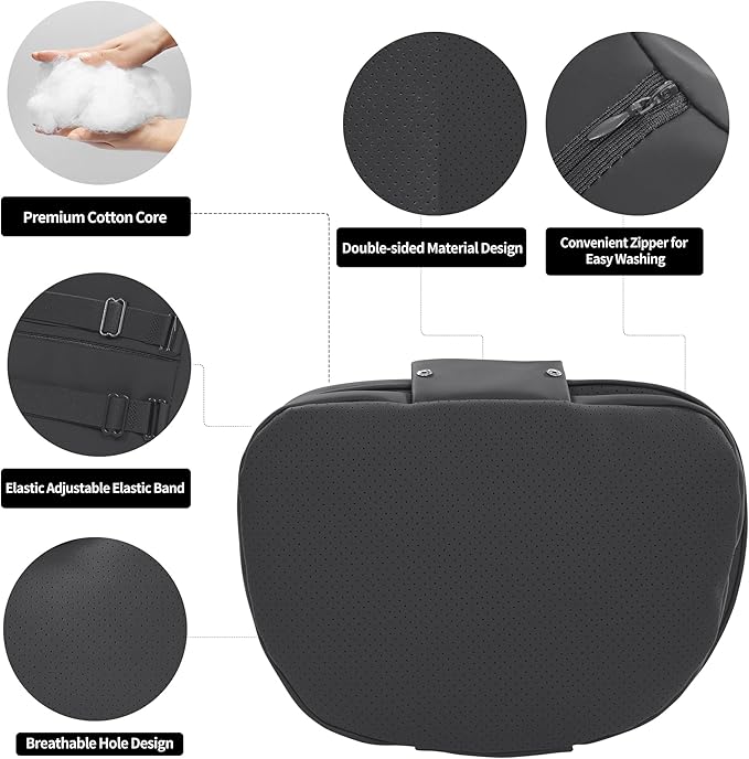 Car Headrest Pillow for Driving, Dual-Sided Leather Design Neck Pillow, Breathable Softness Neck Support, Universal Fit Head Rest Travel Pillow, Black, 2 Pack