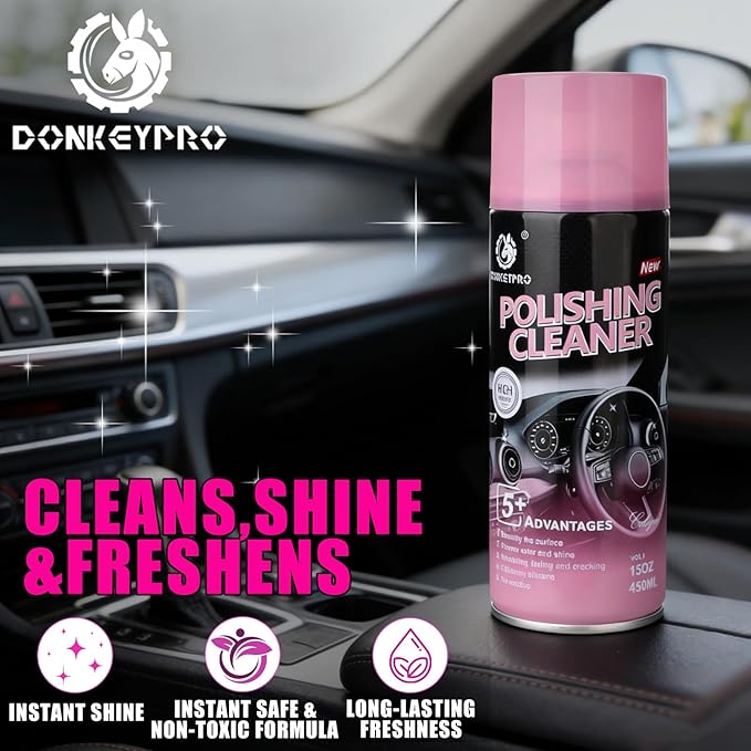 DONKEYPRO Polishing Cleaner, Car Interior Cleaner - Cleans & Protects Plastic, Vinyl, Leather Seats, Rubber, Dash, Trim - UV Guard, Anti-Aging, Exterior & Interior Detailer Spray (2 x 15oz)