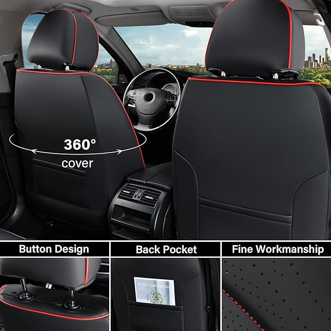 Coverado Front Seat Covers, Luxury Nappa Leather Seat Cover, 2 Pack Waterproof Seat Cover for Cars, Universal Front Car Seat Protector, Breathable Car Seat Cushion Fit for Most Cars(Black &Red Line)