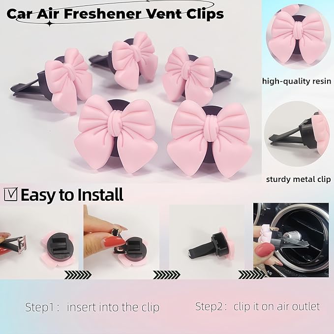 7Pcs Cute Pink Bow Car Air Freshener Vent Clips and Headrest Hooks Set for Women, Charm Car Interior Accessories for Truck Suv Dashboard Diffuse Home Office Vent Decoartion，Girly Gifts for Her
